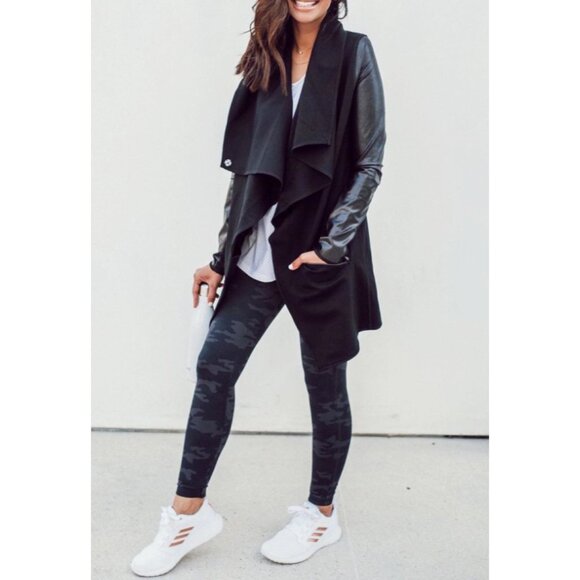 Spanx Faux Leather Drape Front Jacket Very Black Edgy Motorcycle Leather Coat S - Picture 9 of 16